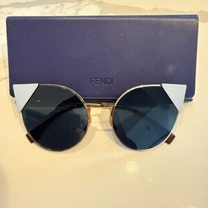 Fendi Gold Frame Sunglasses with Dark Blue Lenses and White Accents